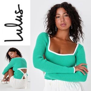 NWT LULUS Babe Moment Green and White Long Sleeve Tie-Back Sweater Top